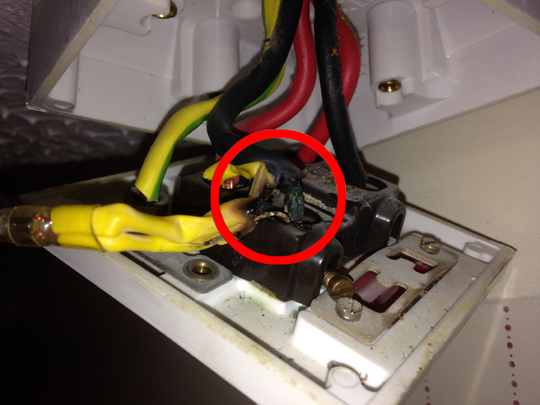 Melted, burnt cables in a shower pull-cord switch